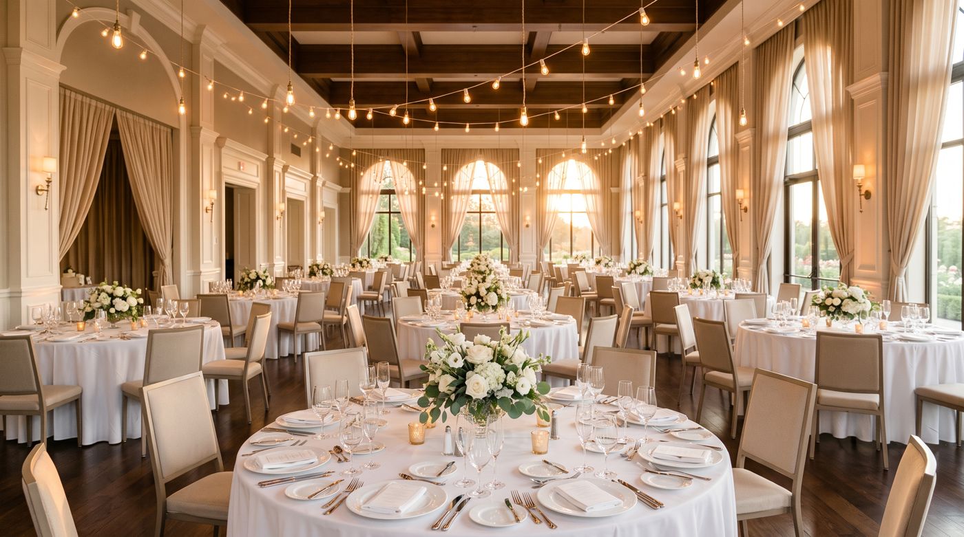 Salón montado para un evento: mesas vestidas, copas y guirnaldas de luces